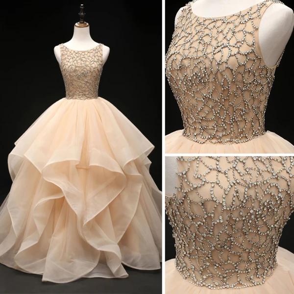 Luxus / Herrlich Champagner Ballkleider 2019 Ballkleid Rundhalsausschnitt Ärmellos Perlenstickerei Lange Fallende Rüsche Rückenfreies Festliche Kleider