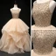 Luxus / Herrlich Champagner Ballkleider 2019 Ballkleid Rundhalsausschnitt Ärmellos Perlenstickerei Lange Fallende Rüsche Rückenfreies Festliche Kleider