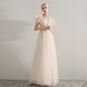 Élégant Champagne Robe De Bal 2019 Princesse Épaules Sans Manches Appliques En Dentelle Perlage Longue Volants Dos Nu Robe De Ceremonie