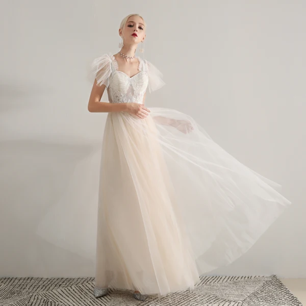 Elegant Champagne Prom Dresses 2019 A-Line / Princess Shoulders Sleeveless Appliques Lace Beading Floor-Length / Long Ruffle Backless Formal Dresses