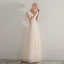 Elegant Champagne Prom Dresses 2019 A-Line / Princess Shoulders Sleeveless Appliques Lace Beading Floor-Length / Long Ruffle Backless Formal Dresses