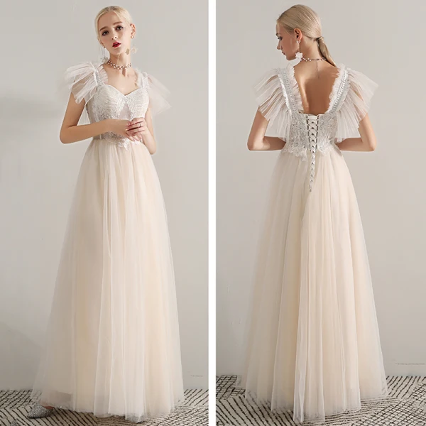 Elegant Champagne Prom Dresses 2019 A-Line / Princess Shoulders Sleeveless Appliques Lace Beading Floor-Length / Long Ruffle Backless Formal Dresses