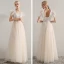 Elegant Champagne Prom Dresses 2019 A-Line / Princess Shoulders Sleeveless Appliques Lace Beading Floor-Length / Long Ruffle Backless Formal Dresses