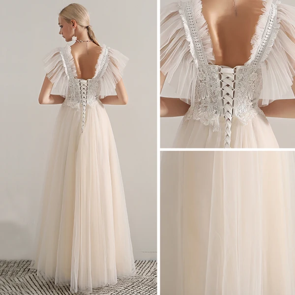 Elegant Champagne Prom Dresses 2019 A-Line / Princess Shoulders Sleeveless Appliques Lace Beading Floor-Length / Long Ruffle Backless Formal Dresses