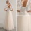 Elegant Champagne Prom Dresses 2019 A-Line / Princess Shoulders Sleeveless Appliques Lace Beading Floor-Length / Long Ruffle Backless Formal Dresses
