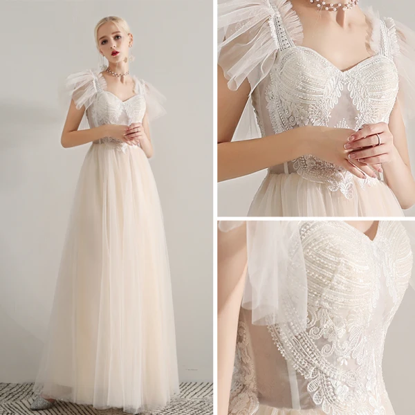 Elegant Champagne Prom Dresses 2019 A-Line / Princess Shoulders Sleeveless Appliques Lace Beading Floor-Length / Long Ruffle Backless Formal Dresses