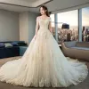 Chic / Beautiful Champagne Wedding Dresses 2019 A-Line / Princess Off-The-Shoulder Short Sleeve Backless Appliques Lace Beading Glitter Tulle Cathedral Train Ruffle