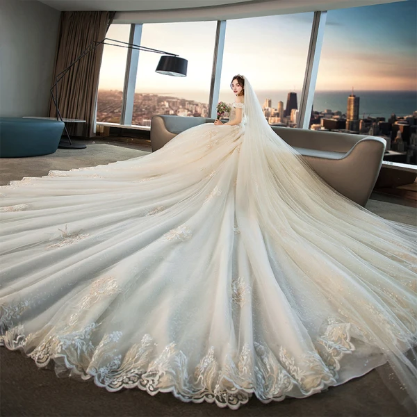 Chic / Beautiful Champagne Wedding Dresses 2019 A-Line / Princess Off-The-Shoulder Short Sleeve Backless Appliques Lace Beading Glitter Tulle Cathedral Train Ruffle