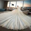 Chic / Beautiful Champagne Wedding Dresses 2019 A-Line / Princess Off-The-Shoulder Short Sleeve Backless Appliques Lace Beading Glitter Tulle Cathedral Train Ruffle