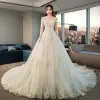 Chic / Beautiful Champagne Wedding Dresses 2019 A-Line / Princess Off-The-Shoulder Short Sleeve Backless Appliques Lace Beading Glitter Tulle Cathedral Train Ruffle