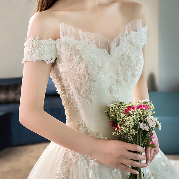 Chic / Beautiful Champagne Wedding Dresses 2019 A-Line / Princess Off-The-Shoulder Short Sleeve Backless Appliques Lace Beading Glitter Tulle Cathedral Train Ruffle
