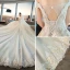 Chic / Beautiful Champagne Wedding Dresses 2019 A-Line / Princess Off-The-Shoulder Short Sleeve Backless Appliques Lace Beading Glitter Tulle Cathedral Train Ruffle