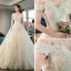 Chic / Beautiful Champagne Wedding Dresses 2019 A-Line / Princess Off-The-Shoulder Short Sleeve Backless Appliques Lace Beading Glitter Tulle Cathedral Train Ruffle