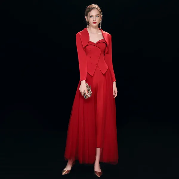 Vintage / Retro Red Jumpsuit 2019 A-Line / Princess Sweetheart With Shawl Long Sleeve Ankle Length Ruffle Evening Dresses