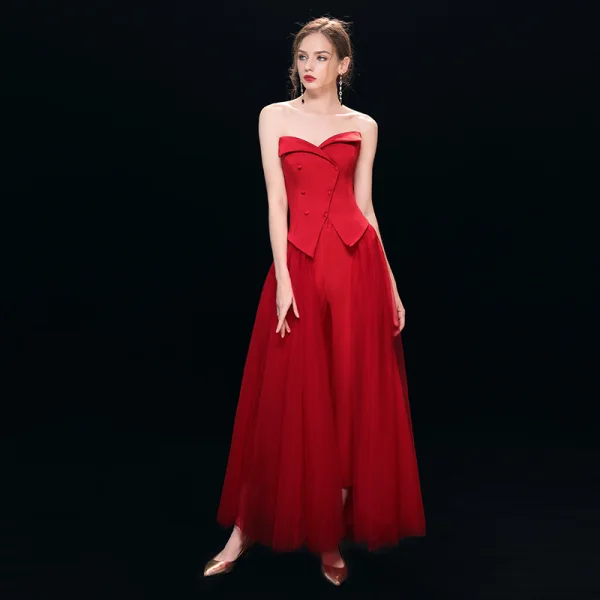 Vintage Rød Jumpsuit  2019 Prinsesse Kjæreste Med Sjal Langermede Ankel-lengde Buste Selskapskjoler