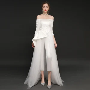 Elegant Ivory Satin Jumpsuit 2019 A Line Princess Off The Shoulder 3 4 Sleeve Appliques Lace Sweep Train Ruffle Backless Evening Dresses