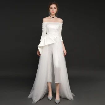 Elegante Ivoor Satijn Jumpsuit 2019 A Lijn Uit De Schouder 3 4 Mouwen Appliques Kant Sweep Trein Ruche Ruglooze Avondjurken
