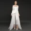 Elegant Ivory Satin Jumpsuit 2019 A-Line / Princess Off-The-Shoulder 3/4 Sleeve Appliques Lace Sweep Train Ruffle Backless Evening Dresses