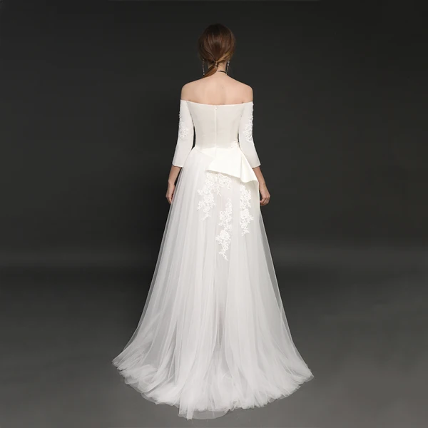 Elegant Ivory Satin Jumpsuit 2019 A-Line / Princess Off-The-Shoulder 3/4 Sleeve Appliques Lace Sweep Train Ruffle Backless Evening Dresses