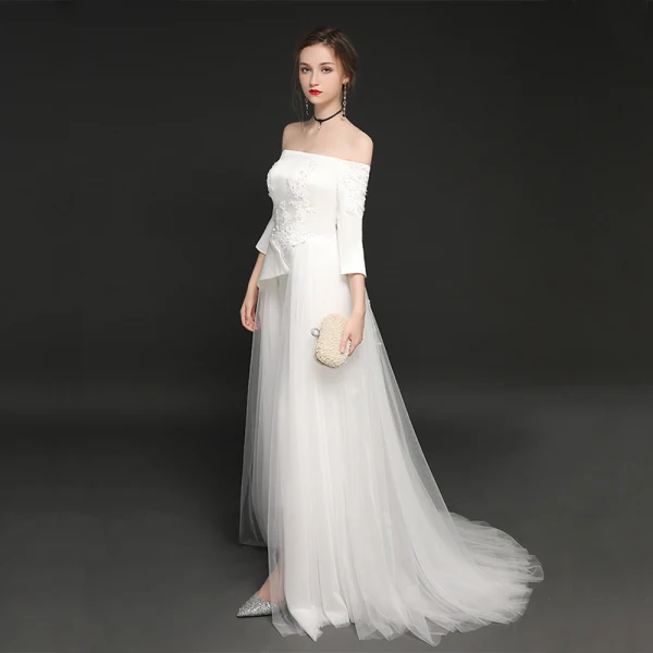 Elegant Ivory Satin Jumpsuit 2019 A-Line / Princess Off-The-Shoulder 3/4 Sleeve Appliques Lace Sweep Train Ruffle Backless Evening Dresses
