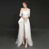 Elegant Ivory Satin Jumpsuit 2019 A-Line / Princess Off-The-Shoulder 3/4 Sleeve Appliques Lace Sweep Train Ruffle Backless Evening Dresses