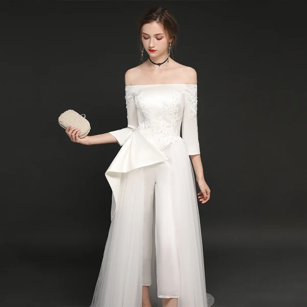 Elegant Ivory Satin Jumpsuit 2019 A-Line / Princess Off-The-Shoulder 3/4 Sleeve Appliques Lace Sweep Train Ruffle Backless Evening Dresses