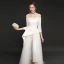 Elegant Ivory Satin Jumpsuit 2019 A-Line / Princess Off-The-Shoulder 3/4 Sleeve Appliques Lace Sweep Train Ruffle Backless Evening Dresses