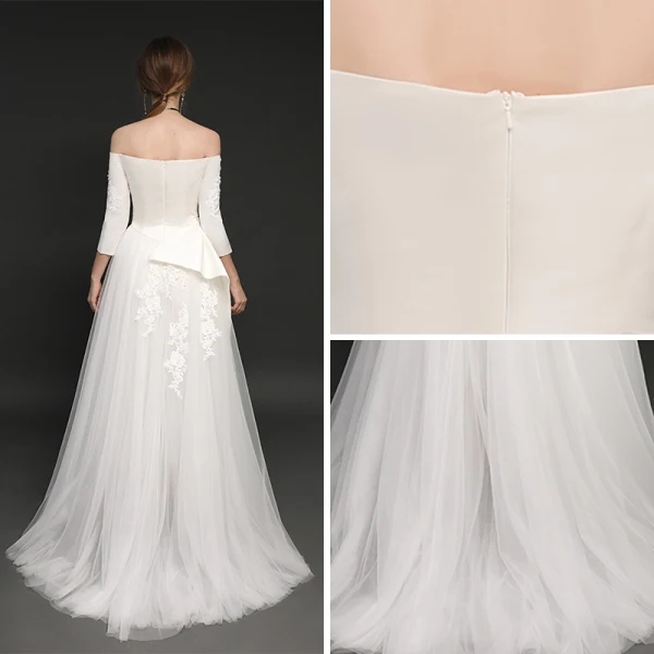 Elegant Ivory Satin Jumpsuit 2019 A-Line / Princess Off-The-Shoulder 3/4 Sleeve Appliques Lace Sweep Train Ruffle Backless Evening Dresses