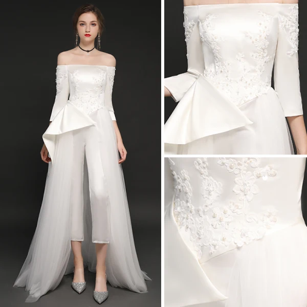 Elegant Ivory Satin Jumpsuit 2019 A-Line / Princess Off-The-Shoulder 3/4 Sleeve Appliques Lace Sweep Train Ruffle Backless Evening Dresses