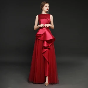 Vintage Originale Bordeaux Satin Combinaison 2019 Princesse Encolure Carrée Sans Manches Longue Volants Robe De Soirée