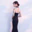 Style Chinois Noire Doré Transparentes Robe De Soirée 2018 Trompette / Sirène Col Haut Manches Longues Appliques En Dentelle Fendue devant Longue Robe De Ceremonie