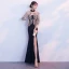 Style Chinois Noire Doré Transparentes Robe De Soirée 2018 Trompette / Sirène Col Haut Manches Longues Appliques En Dentelle Fendue devant Longue Robe De Ceremonie