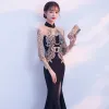 Chinesischer Stil Schwarz Gold Durchsichtige Abendkleider 2018 Mermaid Stehkragen Lange Ärmel Applikationen Mit Spitze Gespaltete Front Lange Festliche Kleider