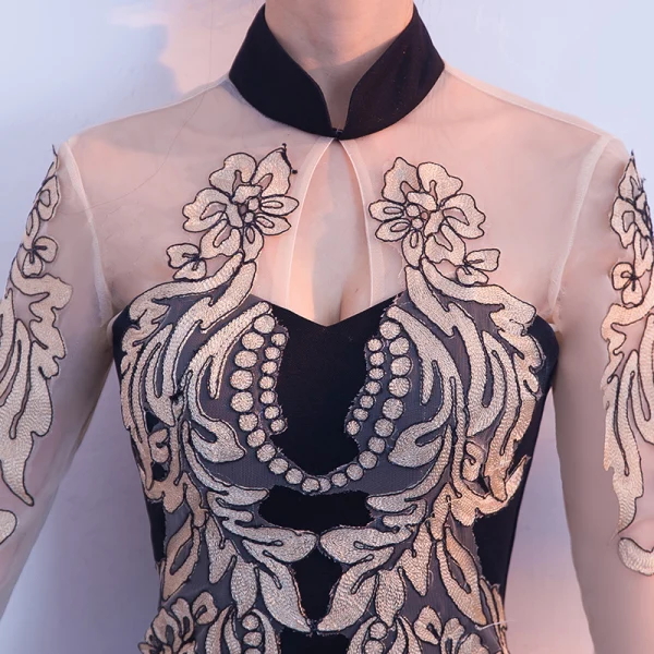 Style Chinois Noire Doré Transparentes Robe De Soirée 2018 Trompette / Sirène Col Haut Manches Longues Appliques En Dentelle Fendue devant Longue Robe De Ceremonie