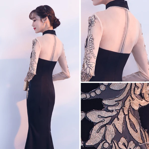 Style Chinois Noire Doré Transparentes Robe De Soirée 2018 Trompette / Sirène Col Haut Manches Longues Appliques En Dentelle Fendue devant Longue Robe De Ceremonie