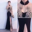 Style Chinois Noire Doré Transparentes Robe De Soirée 2018 Trompette / Sirène Col Haut Manches Longues Appliques En Dentelle Fendue devant Longue Robe De Ceremonie