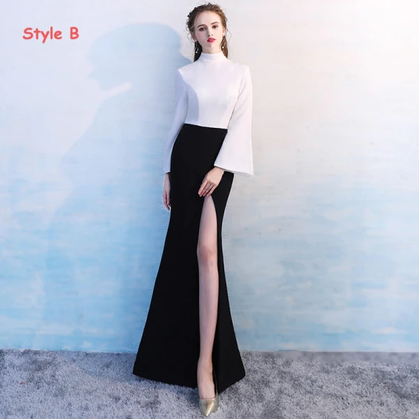 Simple Noire Blanche Robe De Soirée 2018 Trompette / Sirène Col Haut Manches Longues Fendue devant Longue Robe De Ceremonie