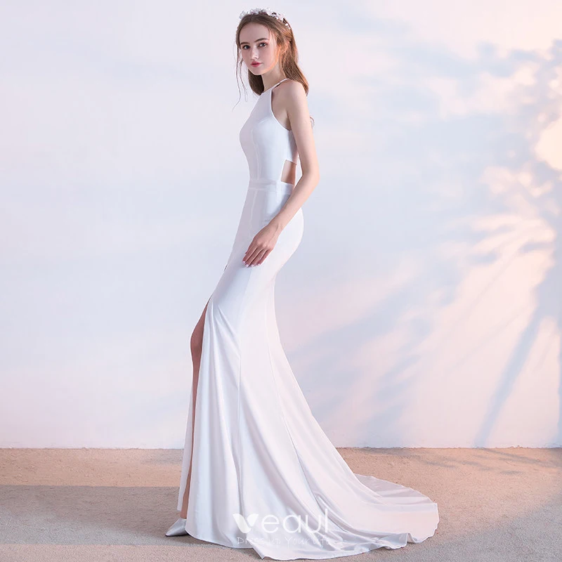 V Neck Mermaid Backless Lace White Long Prom Wedding Dresses, Backless –  Shiny Party