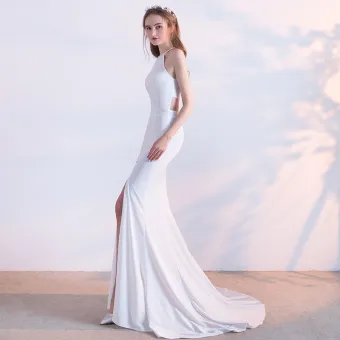 Simple Blanche Robe De Soirée 2018 Trompette Sirène Encolure Dégagée Bustier Sans Manches Train De Balayage Fendue Devant Robe De Ceremonie