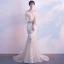 Elegant Champagne Evening Dresses  2018 Trumpet / Mermaid Off-The-Shoulder Long Sleeve Appliques Flower Pearl Sweep Train Ruffle Backless Formal Dresses