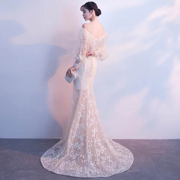 Elegant Champagne Evening Dresses 2018 Trumpet / Mermaid Off-The-Shoulder Long Sleeve Appliques Flower Pearl Sweep Train Ruffle Backless Formal Dresses