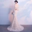 Elegant Champagne Evening Dresses  2018 Trumpet / Mermaid Off-The-Shoulder Long Sleeve Appliques Flower Pearl Sweep Train Ruffle Backless Formal Dresses