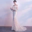 Elegant Champagne Evening Dresses  2018 Trumpet / Mermaid Off-The-Shoulder Long Sleeve Appliques Flower Pearl Sweep Train Ruffle Backless Formal Dresses