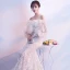 Elegant Champagne Evening Dresses  2018 Trumpet / Mermaid Off-The-Shoulder Long Sleeve Appliques Flower Pearl Sweep Train Ruffle Backless Formal Dresses