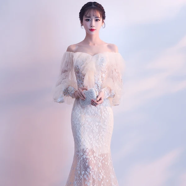 Elegant Champagne Evening Dresses 2018 Trumpet / Mermaid Off-The-Shoulder Long Sleeve Appliques Flower Pearl Sweep Train Ruffle Backless Formal Dresses
