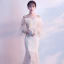 Elegant Champagne Evening Dresses  2018 Trumpet / Mermaid Off-The-Shoulder Long Sleeve Appliques Flower Pearl Sweep Train Ruffle Backless Formal Dresses