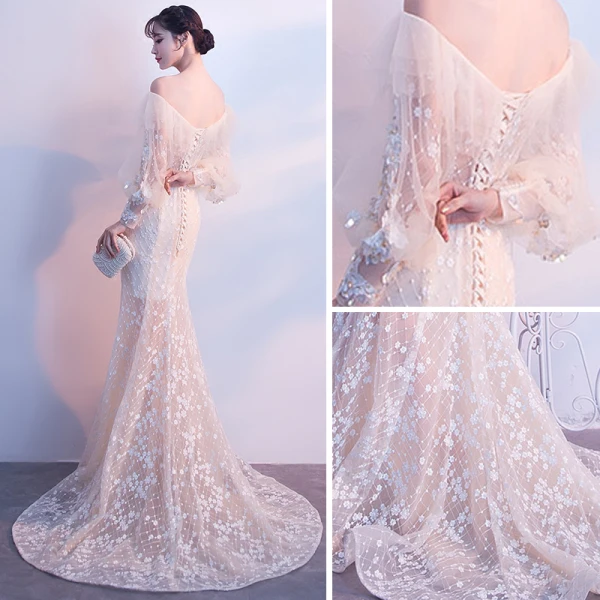 Elegant Champagne Evening Dresses 2018 Trumpet / Mermaid Off-The-Shoulder Long Sleeve Appliques Flower Pearl Sweep Train Ruffle Backless Formal Dresses