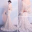 Elegant Champagne Evening Dresses  2018 Trumpet / Mermaid Off-The-Shoulder Long Sleeve Appliques Flower Pearl Sweep Train Ruffle Backless Formal Dresses