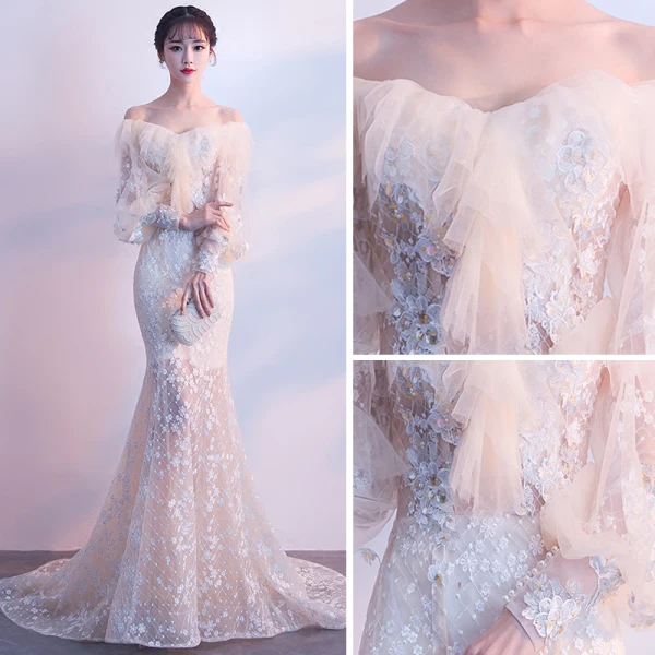 Elegant Champagne Evening Dresses 2018 Trumpet / Mermaid Off-The-Shoulder Long Sleeve Appliques Flower Pearl Sweep Train Ruffle Backless Formal Dresses