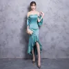 Modern / Fashion Jade Green See-through Evening Dresses  2018 Trumpet / Mermaid Scoop Neck Strapless 3/4 Sleeve Asymmetrical Ruffle Backless Formal Dresses